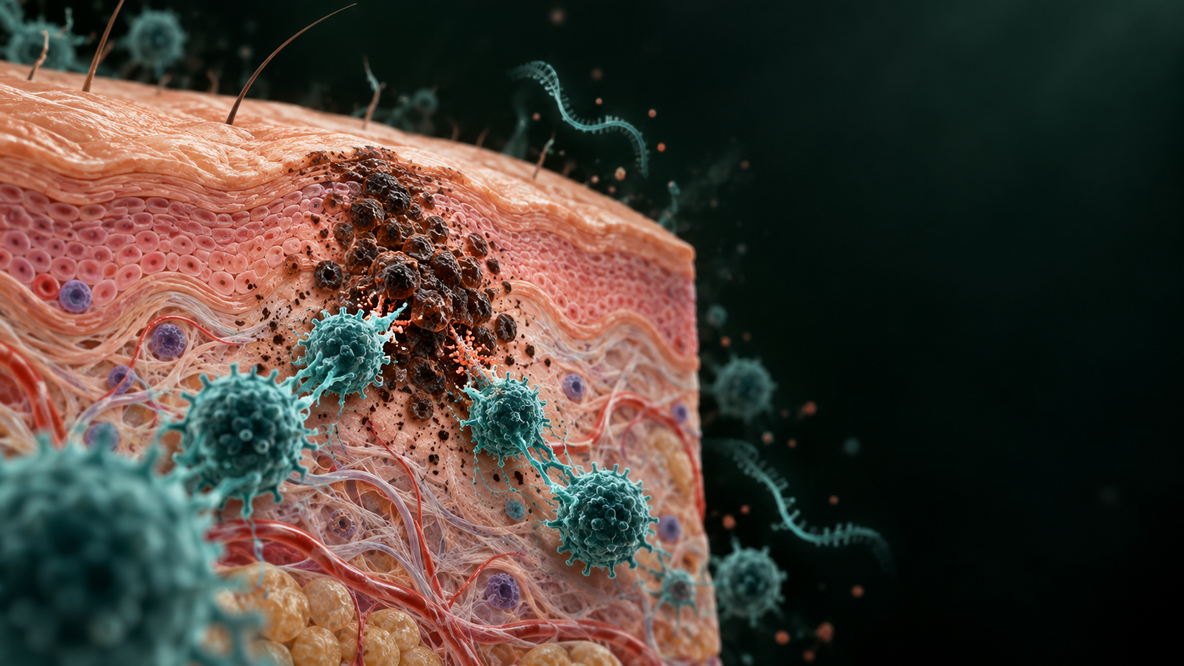 Scientific skin cross-section showing melanoma cells and immune cells